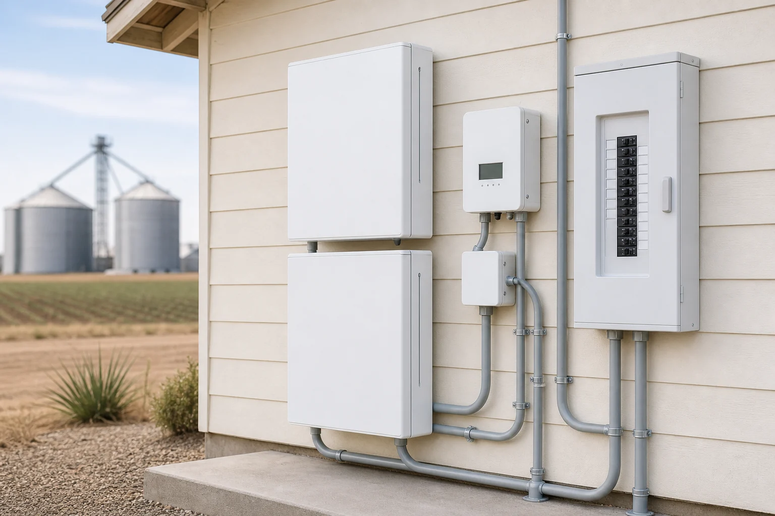 Wall-mounted home battery cabinets, smart controller, electrical subpanel, and conduit in a Brawley garage.