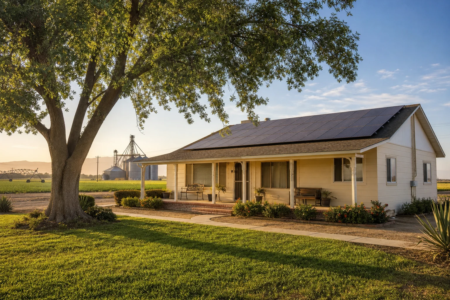 Brawley home with rooftop solar panels near open valley land and a bright desert sunset.