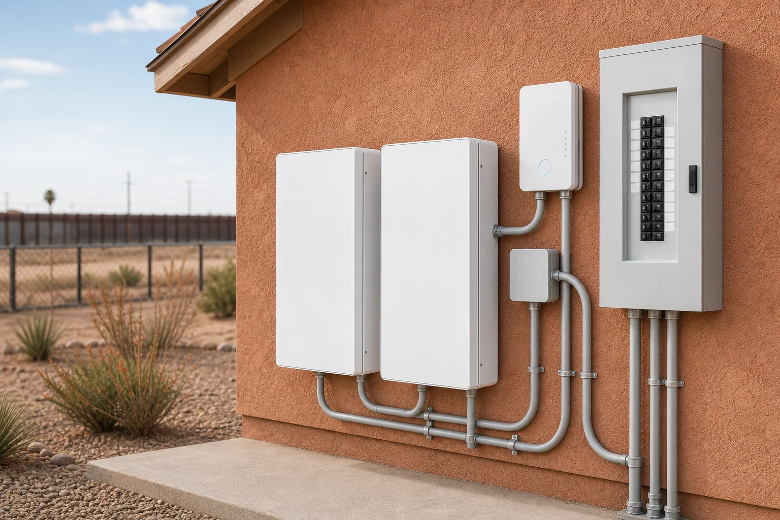 Wall-mounted home battery cabinets, smart controller, electrical subpanel, and conduit in a Calexico garage.