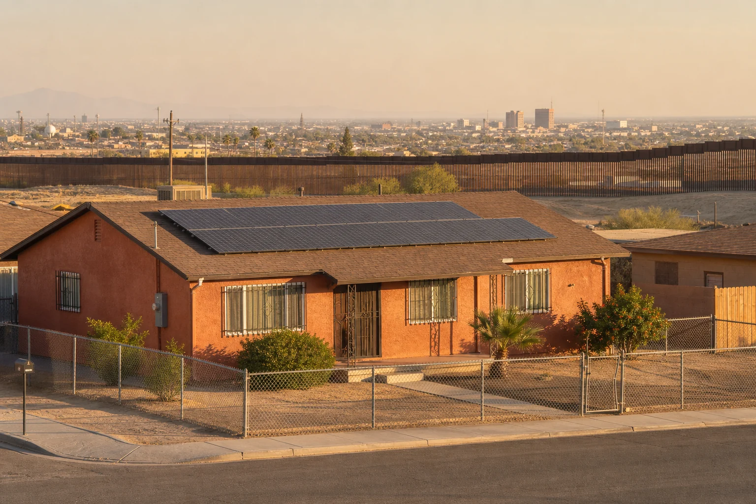 Calexico neighborhood home with rooftop solar panels near palm-lined streets and the border-city skyline.