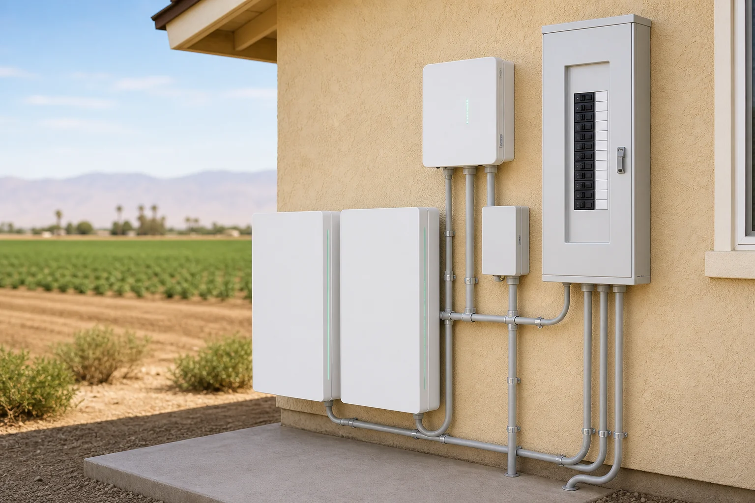 Wall-mounted home battery cabinets, smart controller, electrical subpanel, and conduit in a Calipatria utility room.