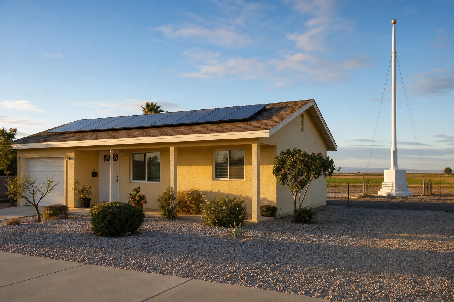 Calipatria small-town home with rooftop solar panels beneath a wide desert sky and palm-lined street.