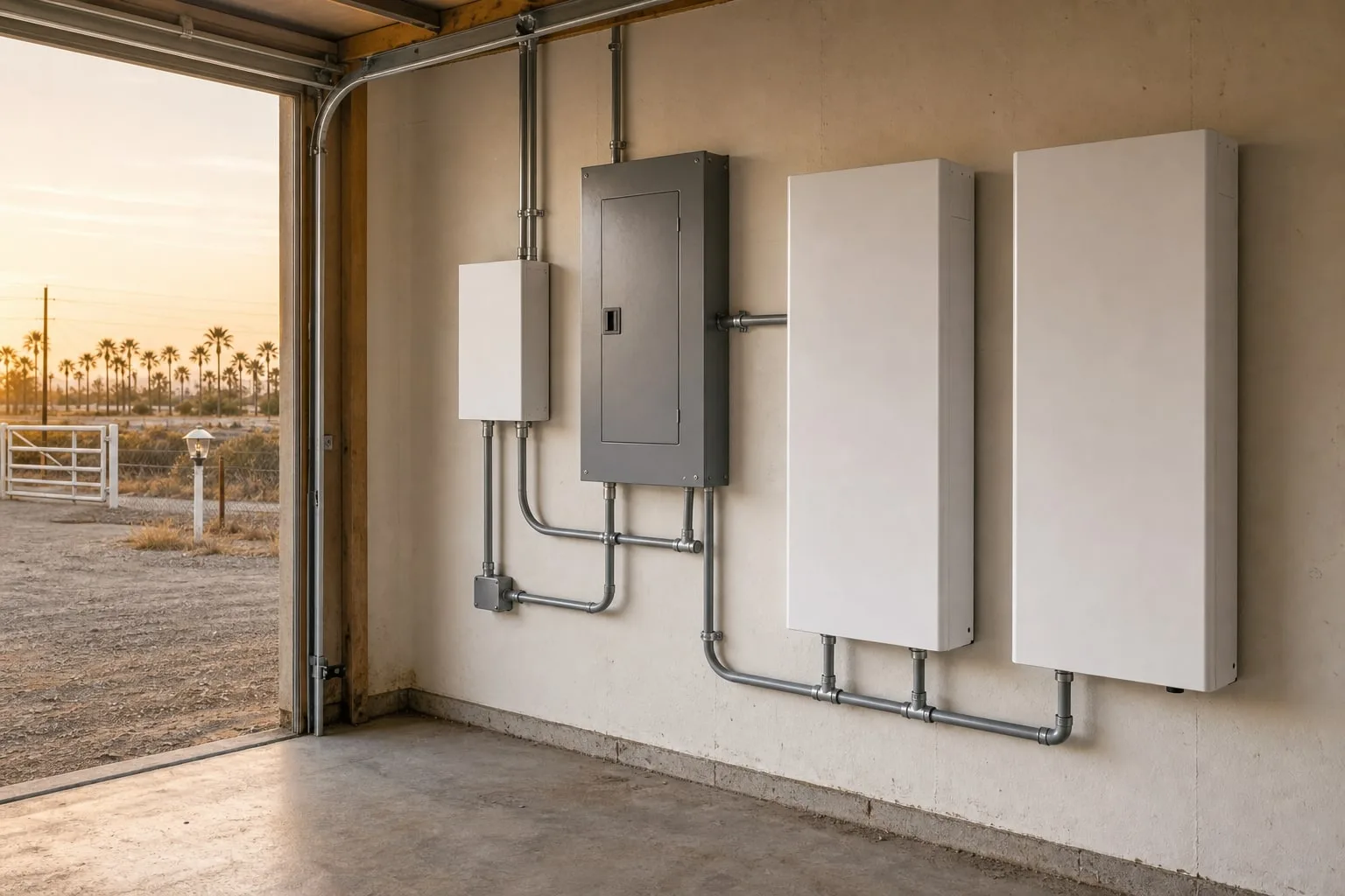 Wall-mounted home battery cabinets, smart controller, electrical subpanel, and conduit in a Coachella garage.