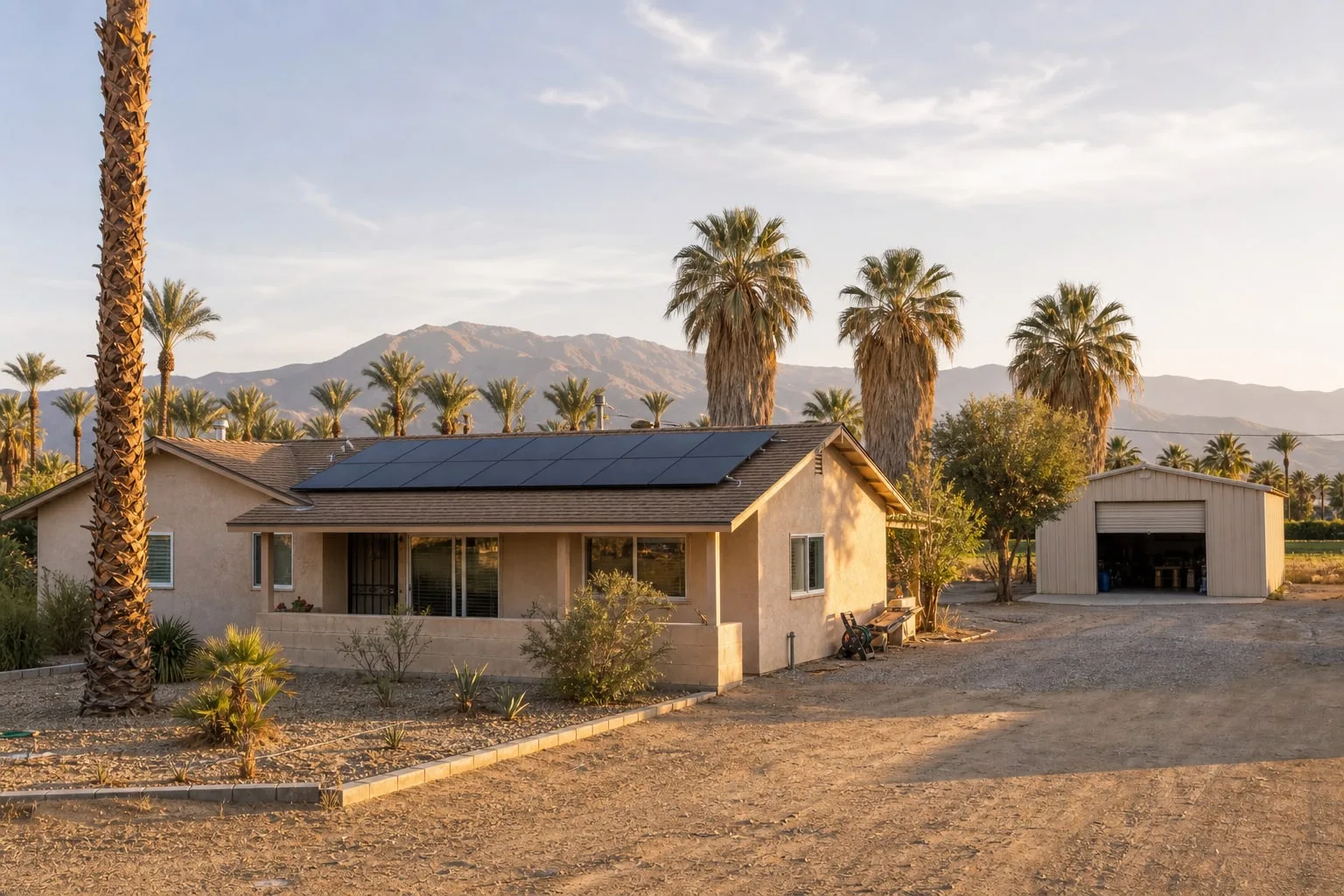 Modest Coachella home with rooftop solar panels near date palms, open agricultural land, and a detached shop.