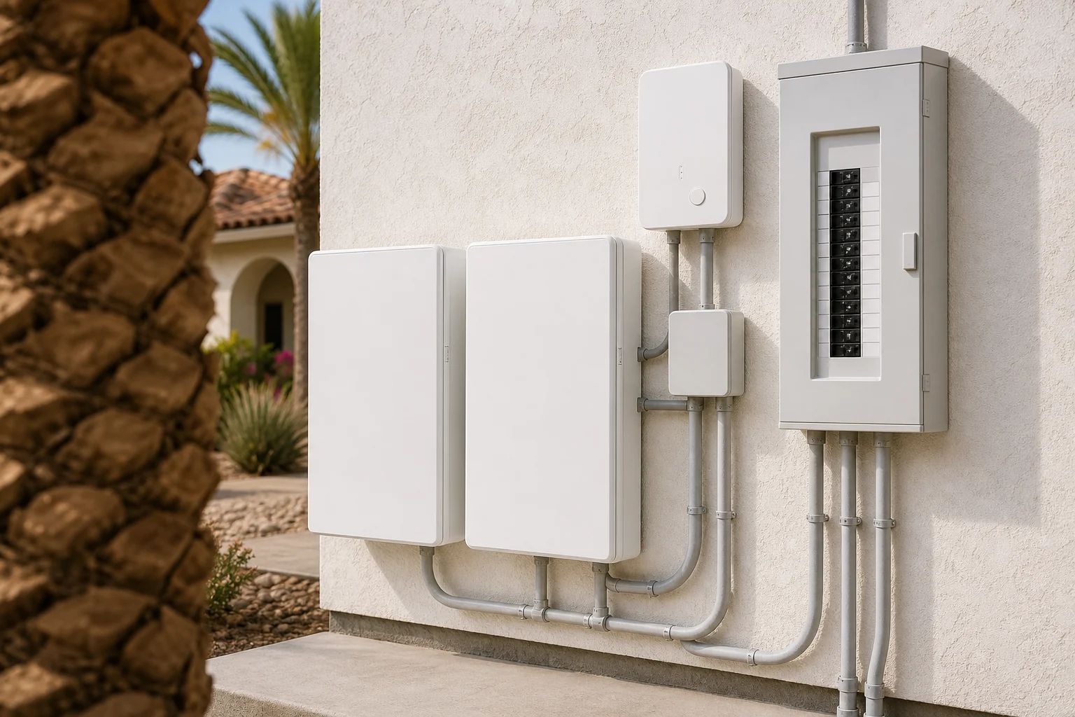 Wall-mounted home battery cabinets, smart controller, electrical subpanel, and conduit in an El Centro garage.