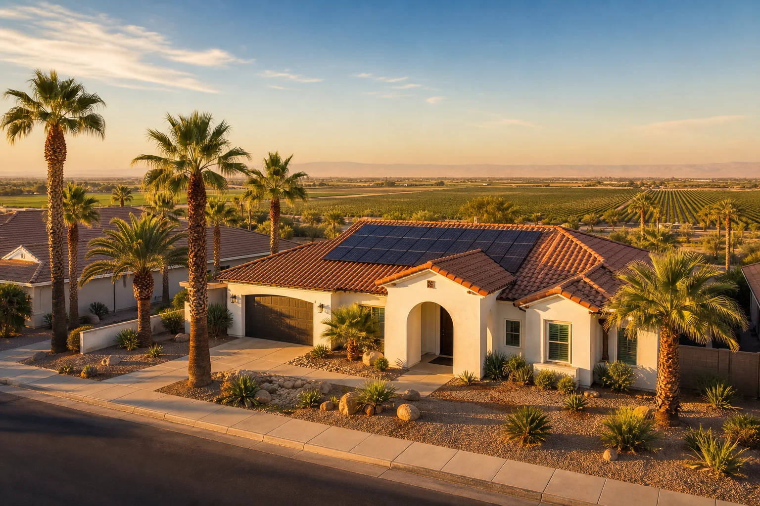 El Centro neighborhood home with rooftop solar panels, palms, and broad Imperial Valley skies.
