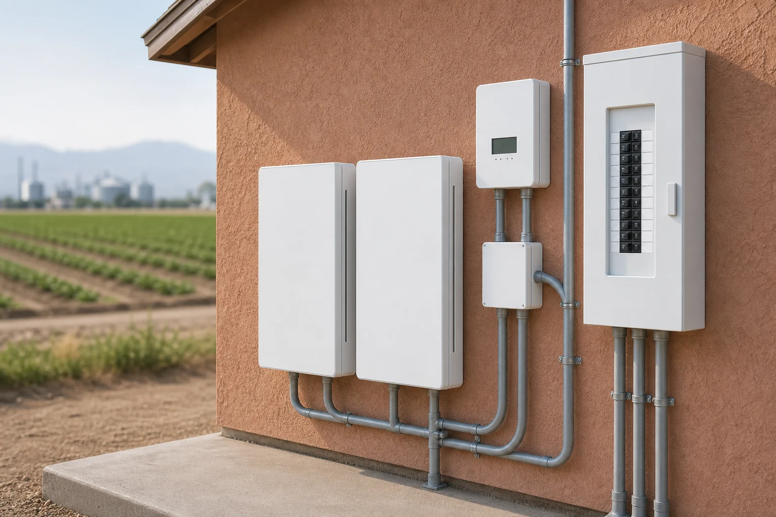 Wall-mounted home battery cabinets, smart controller, electrical subpanel, and conduit in a Heber garage.