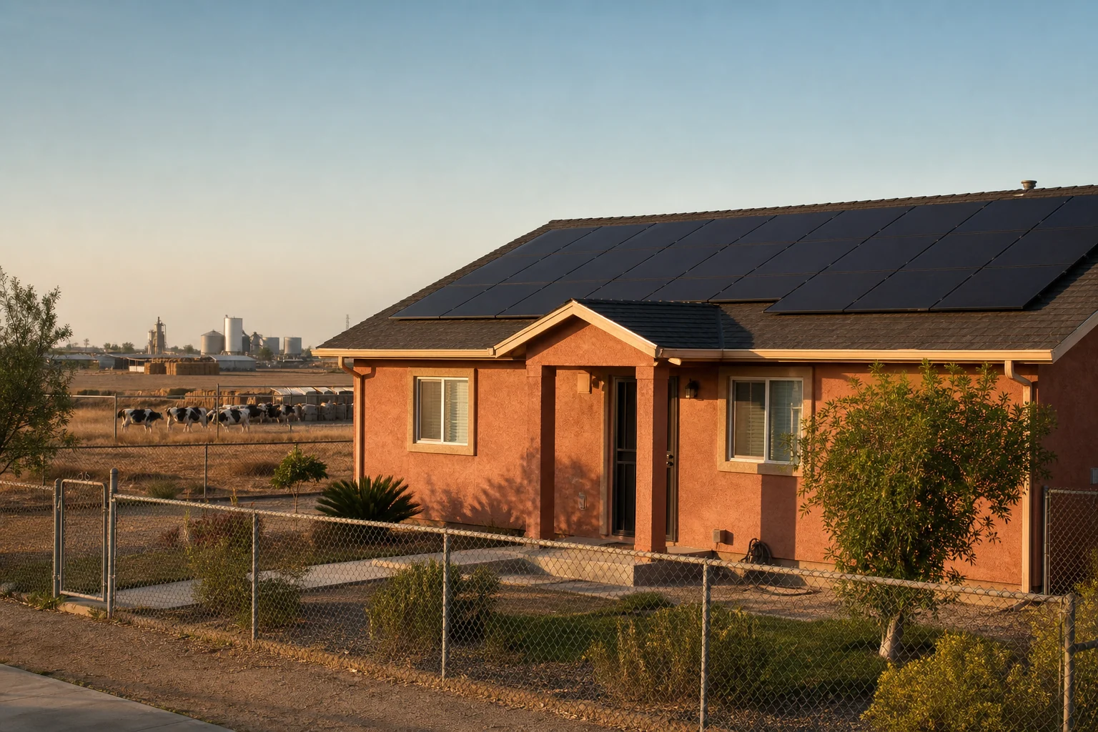 Heber neighborhood home with rooftop solar panels, open Imperial Valley sky, and agricultural land nearby.