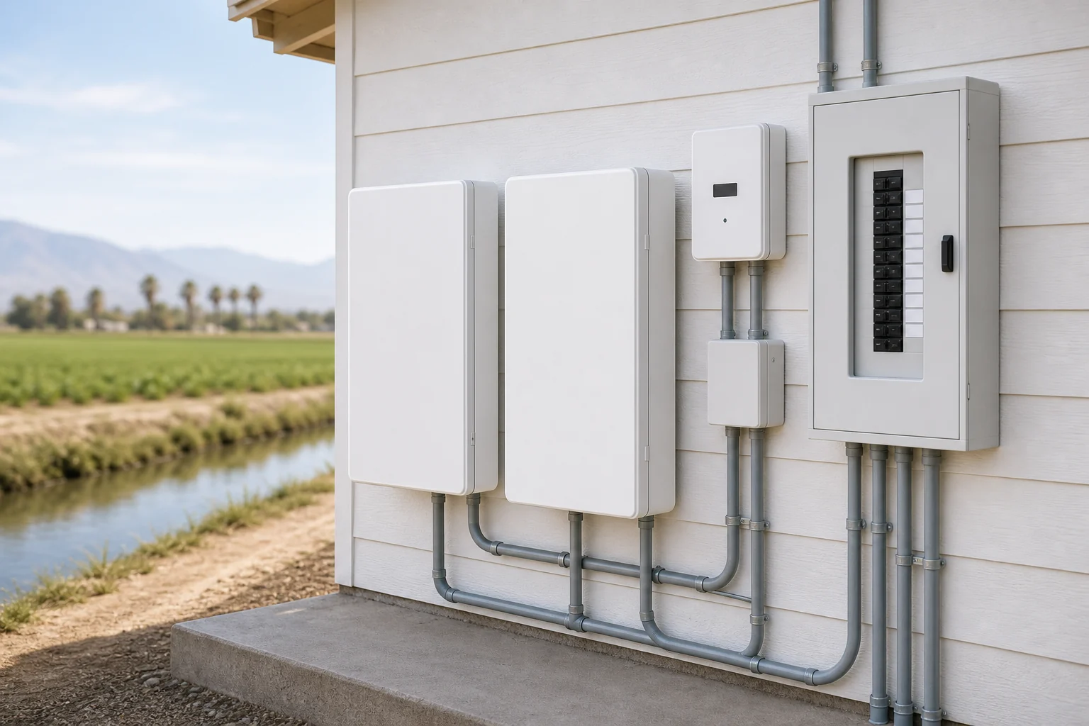 Wall-mounted home battery cabinets, smart controller, electrical subpanel, and conduit in a Holtville garage.