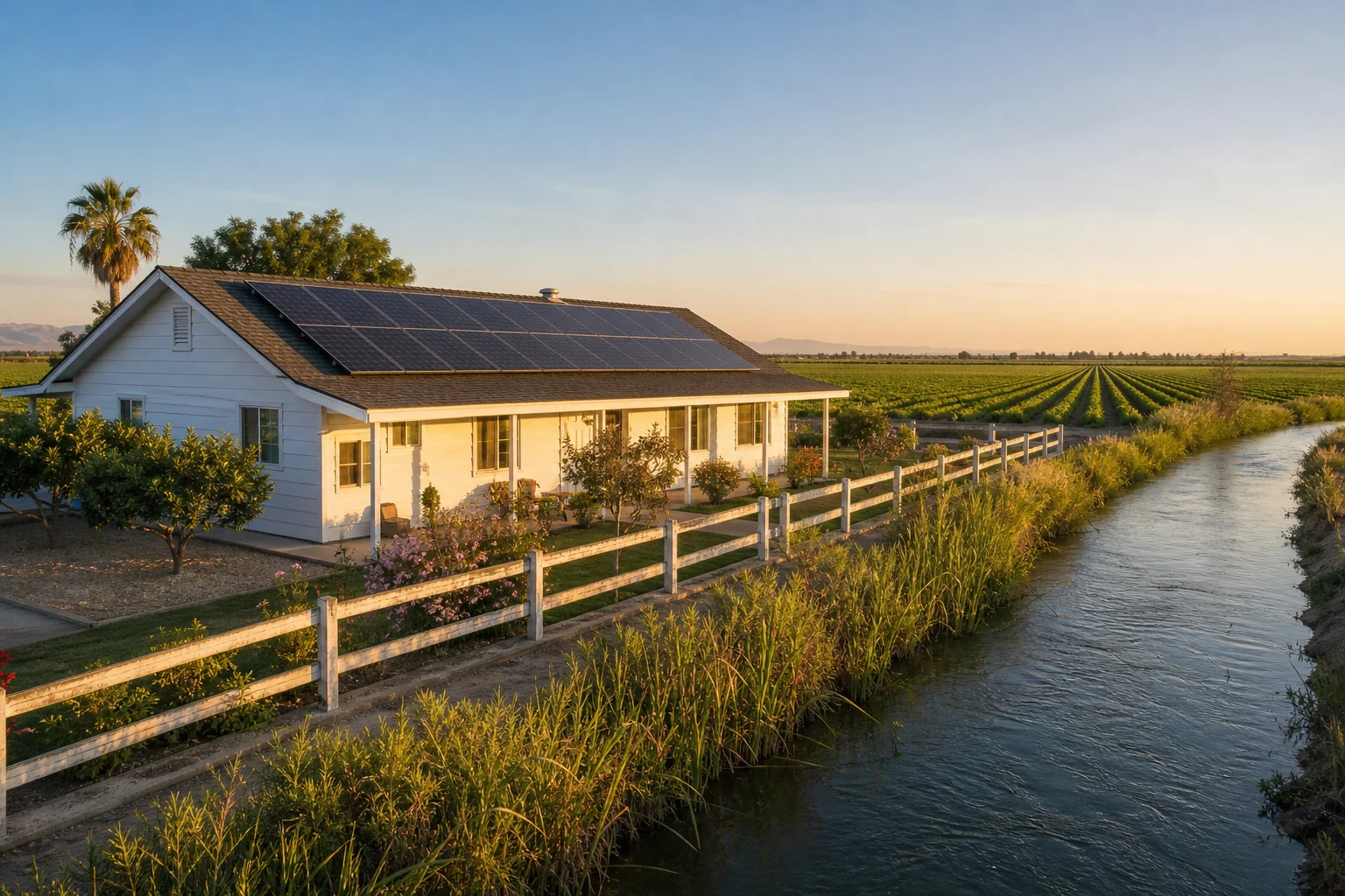 Holtville home with rooftop solar panels beside irrigated fields and a clear Imperial Valley horizon.
