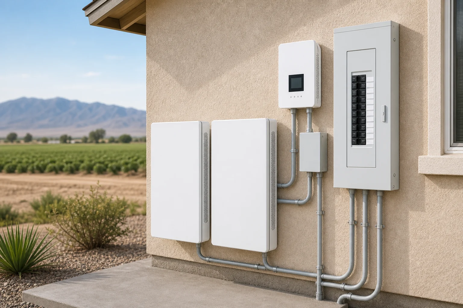 Wall-mounted home battery cabinets, smart controller, electrical subpanel, and conduit in an Imperial garage.