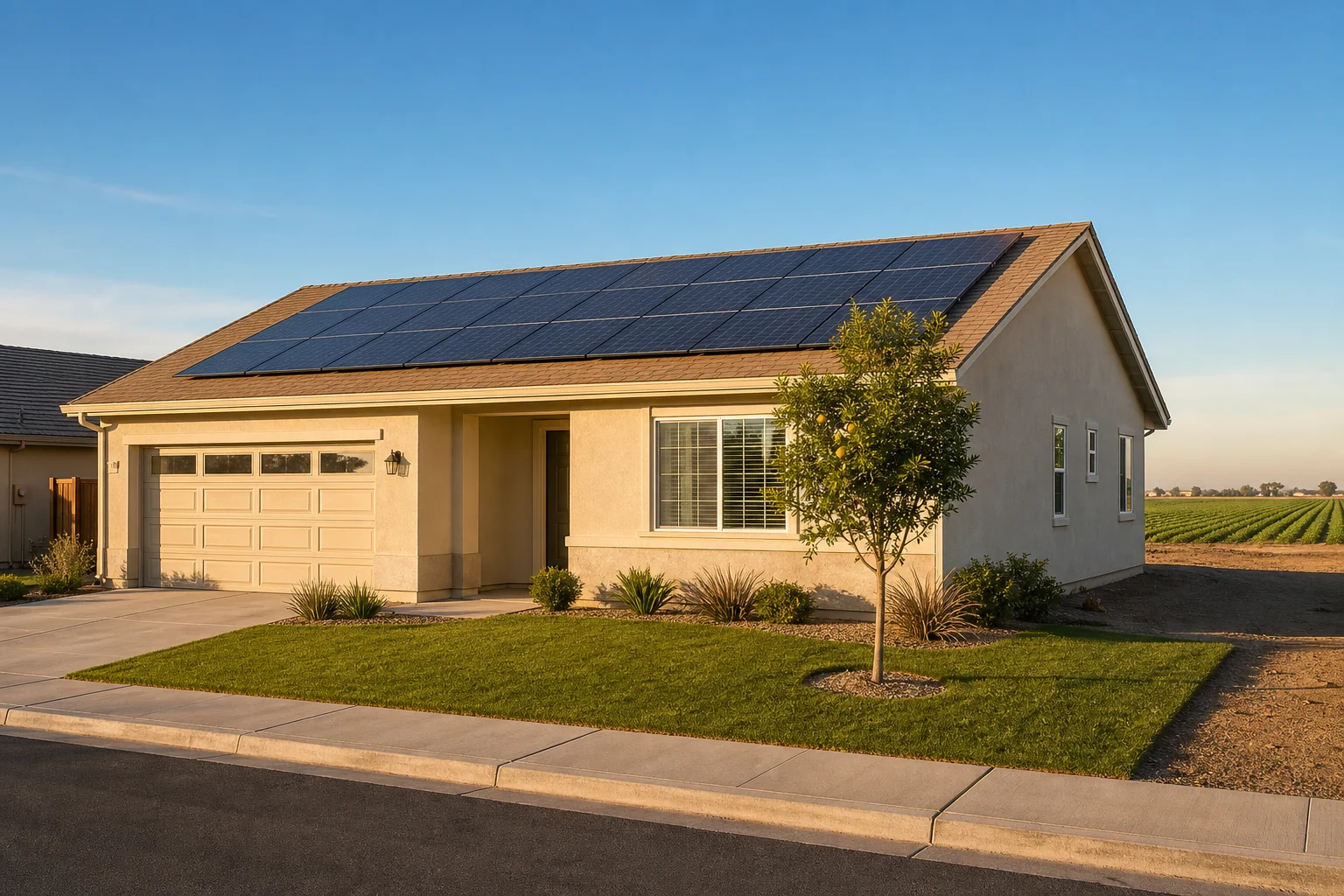 Imperial neighborhood home with rooftop solar panels, clean streets, and open Imperial Valley sky.
