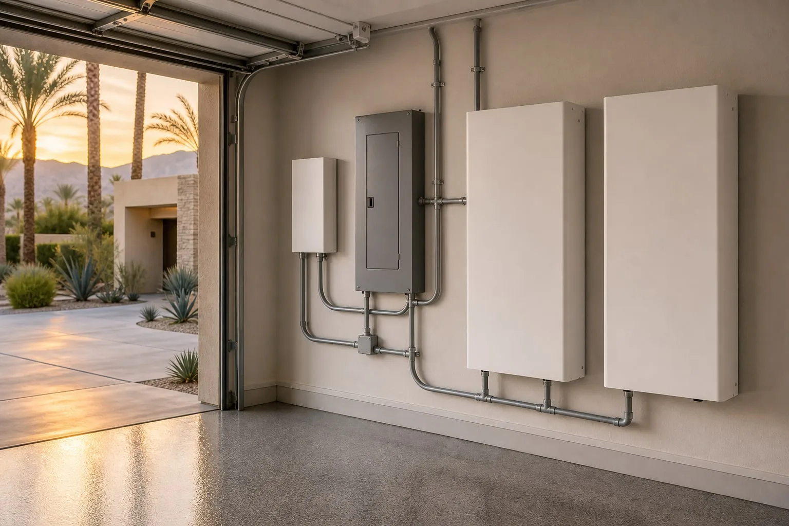 Wall-mounted home battery cabinets, smart controller, electrical subpanel, and conduit in an Indian Wells garage.