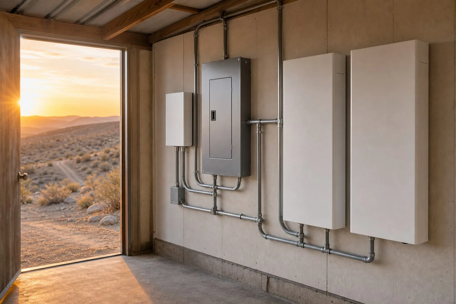 Wall-mounted home battery cabinets, smart controller, electrical subpanel, and conduit in an Indio Hills utility room.