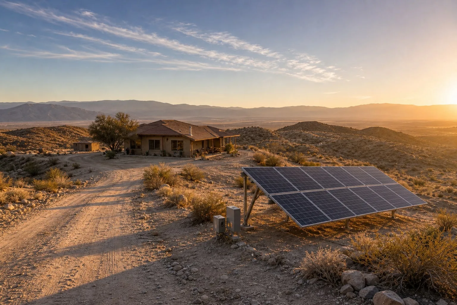 Indio Hills rural high-desert property with a ground-mounted solar array and open rolling land.