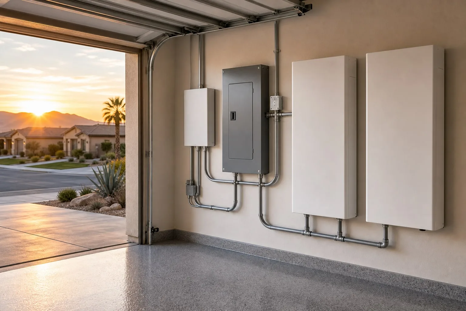 Wall-mounted home battery cabinets, smart controller, electrical subpanel, and conduit in an Indio garage.
