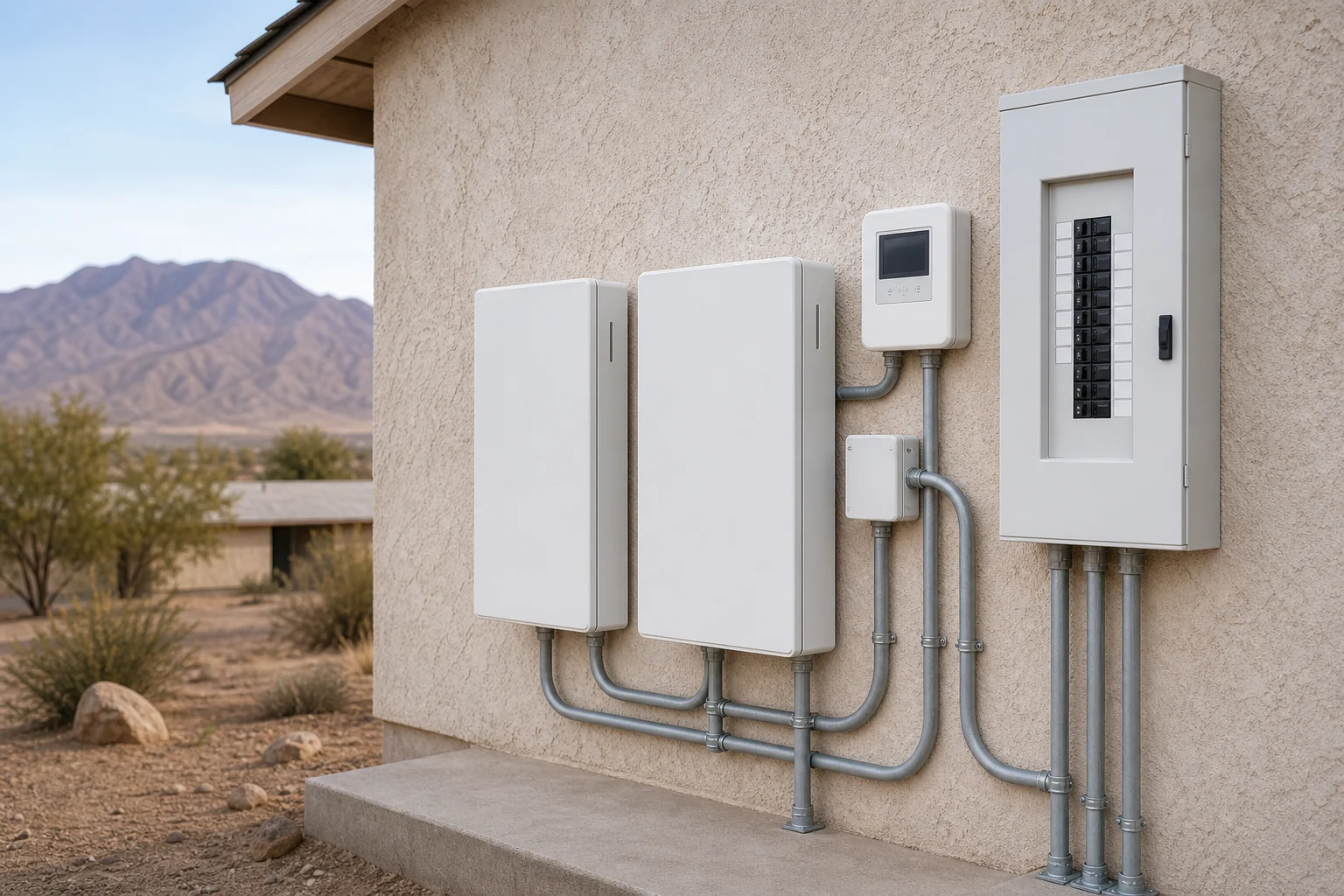Wall-mounted home battery cabinets, smart controller, electrical subpanel, and conduit in a Niland utility room.