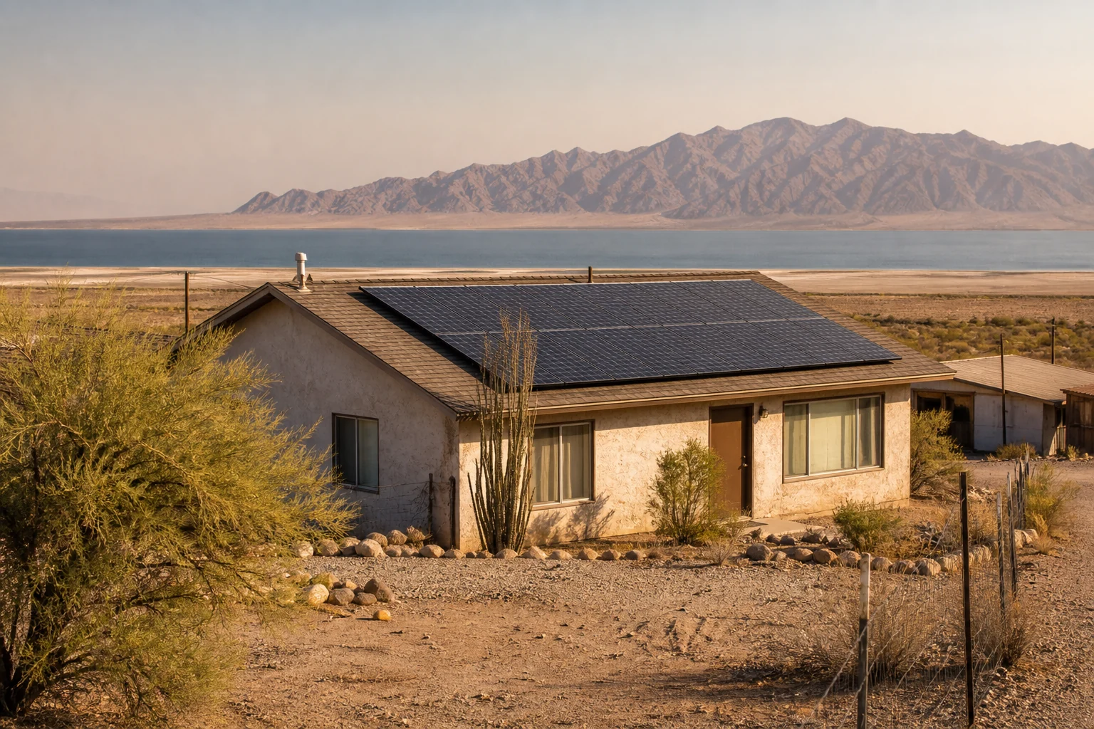 Niland desert property with rooftop solar panels near the Salton Sea route and open north-valley land.