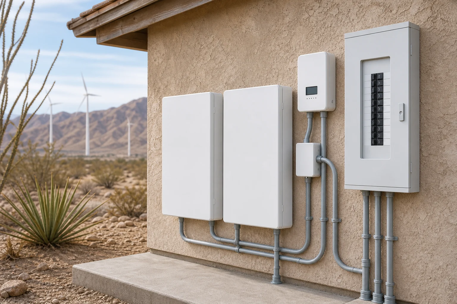 Wall-mounted home battery cabinets, smart controller, electrical subpanel, and conduit in an Ocotillo utility room.