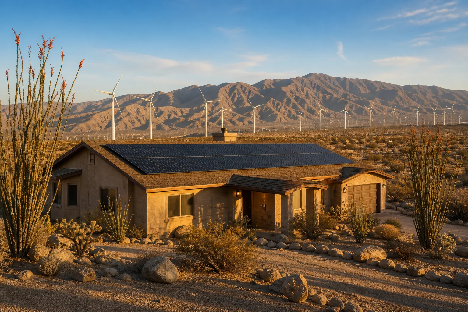 Ocotillo desert property with rooftop solar panels, low-slung buildings, and expansive open desert terrain.