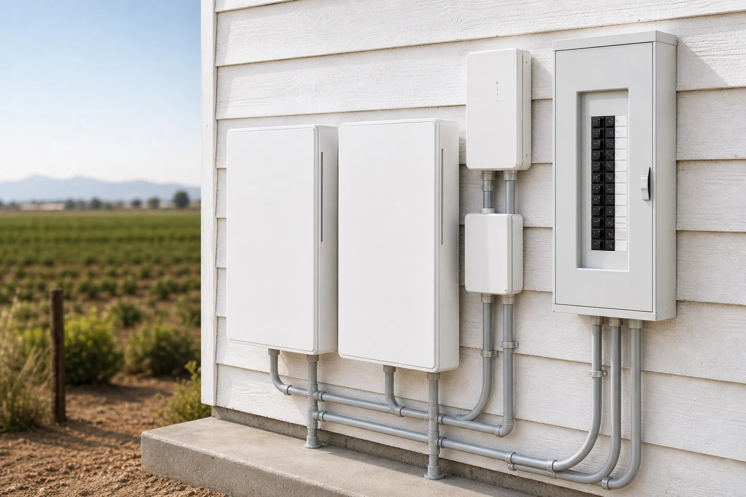 Wall-mounted home battery cabinets, smart controller, electrical subpanel, and conduit in a Seeley garage.