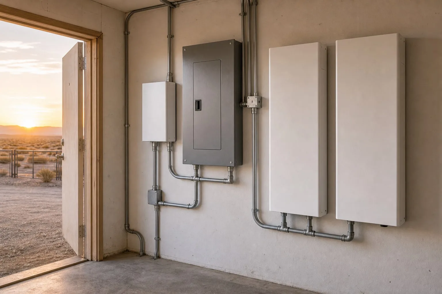 Wall-mounted home battery cabinets, smart controller, electrical subpanel, and conduit in a Thermal utility room.