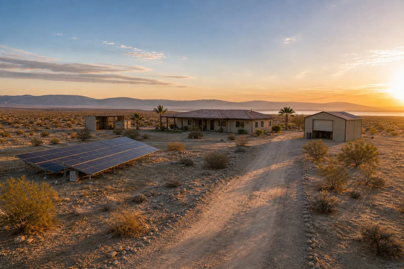 Rural Thermal acreage property with a home, outbuildings, and a ground-mounted solar array at golden hour.