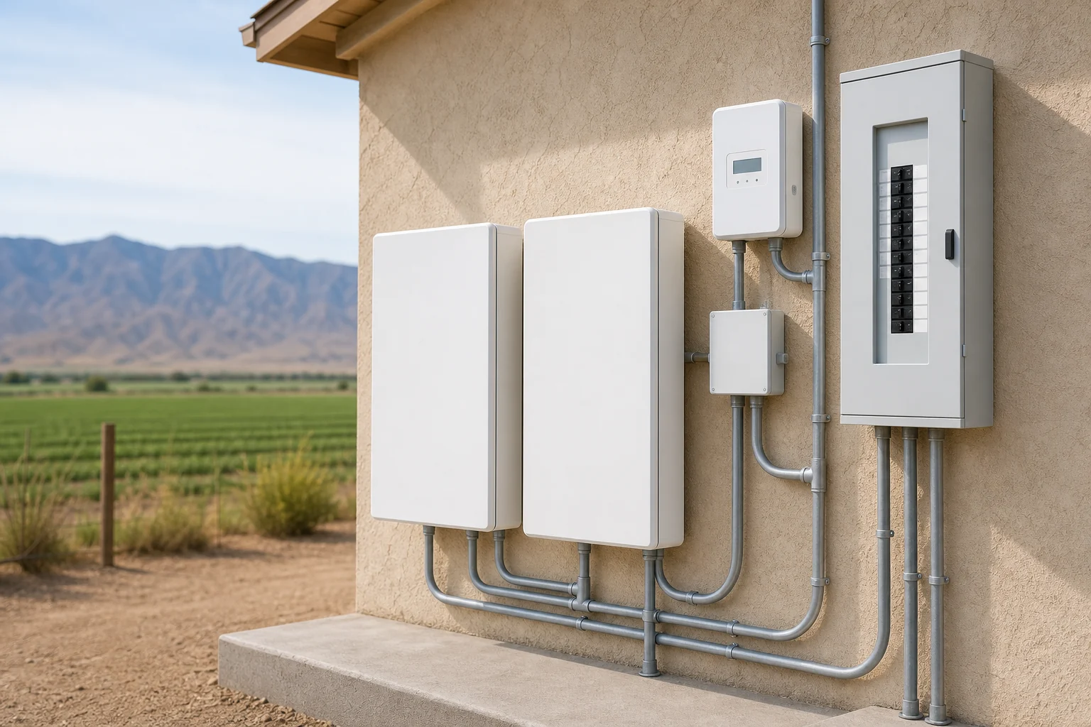 Wall-mounted home battery cabinets, smart controller, electrical subpanel, and conduit in a Westmorland garage.