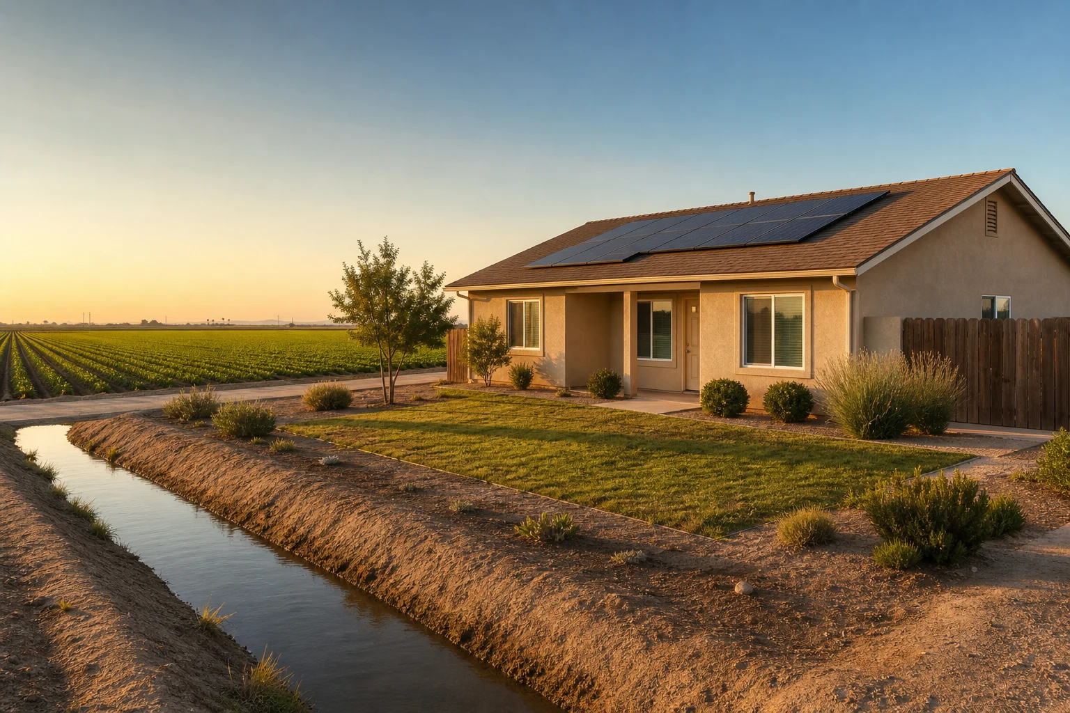 Westmorland neighborhood home with rooftop solar panels near open farmland and a small-town street grid.