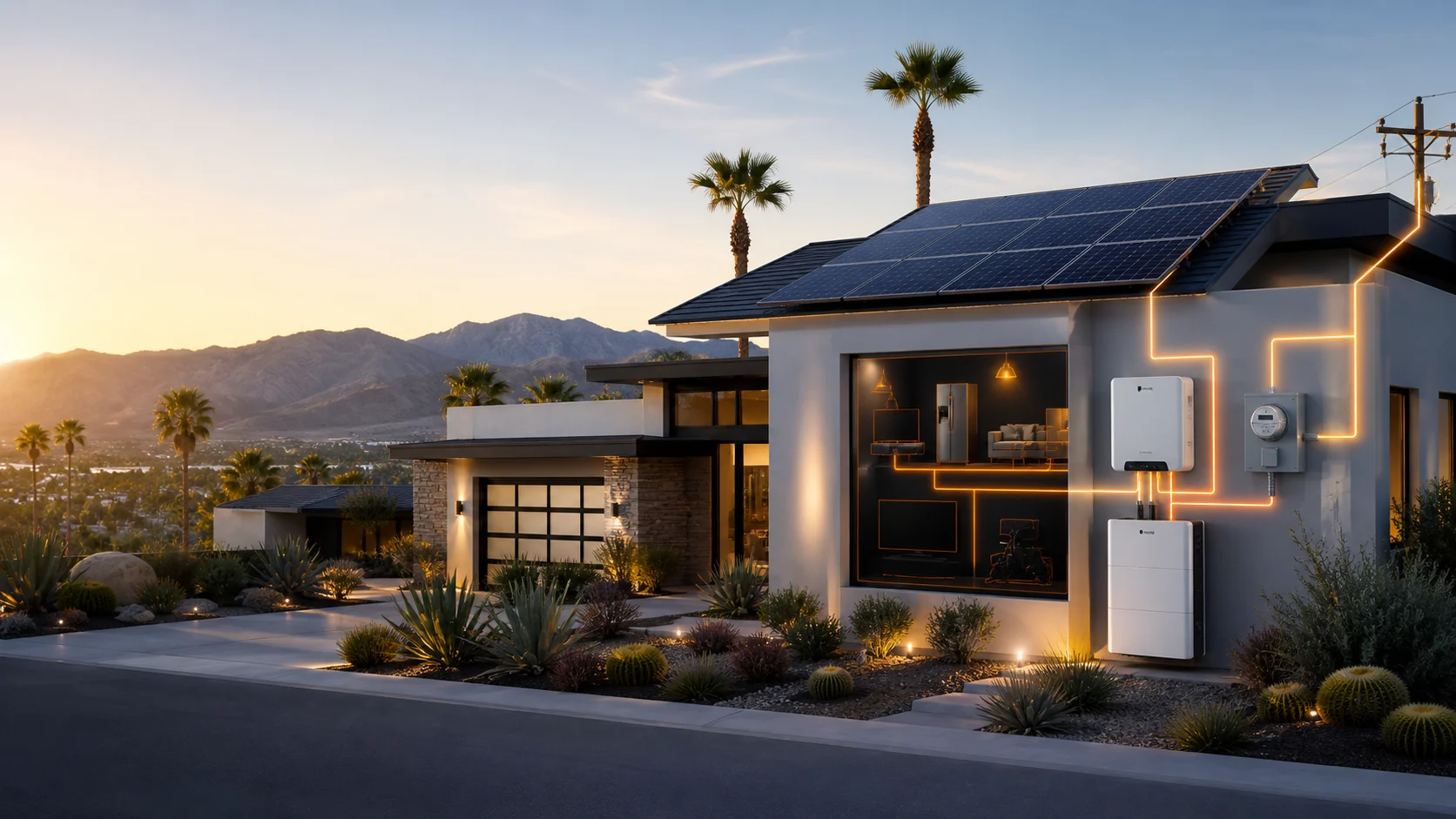 Coachella Valley home with rooftop solar, battery storage, utility connection, and glowing energy-control pathways.