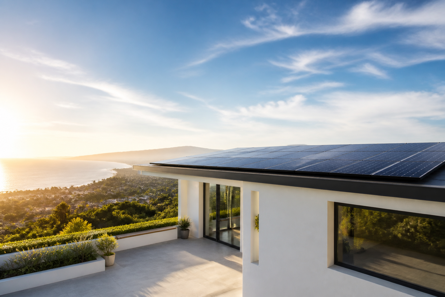 Modern home with rooftop solar panels
