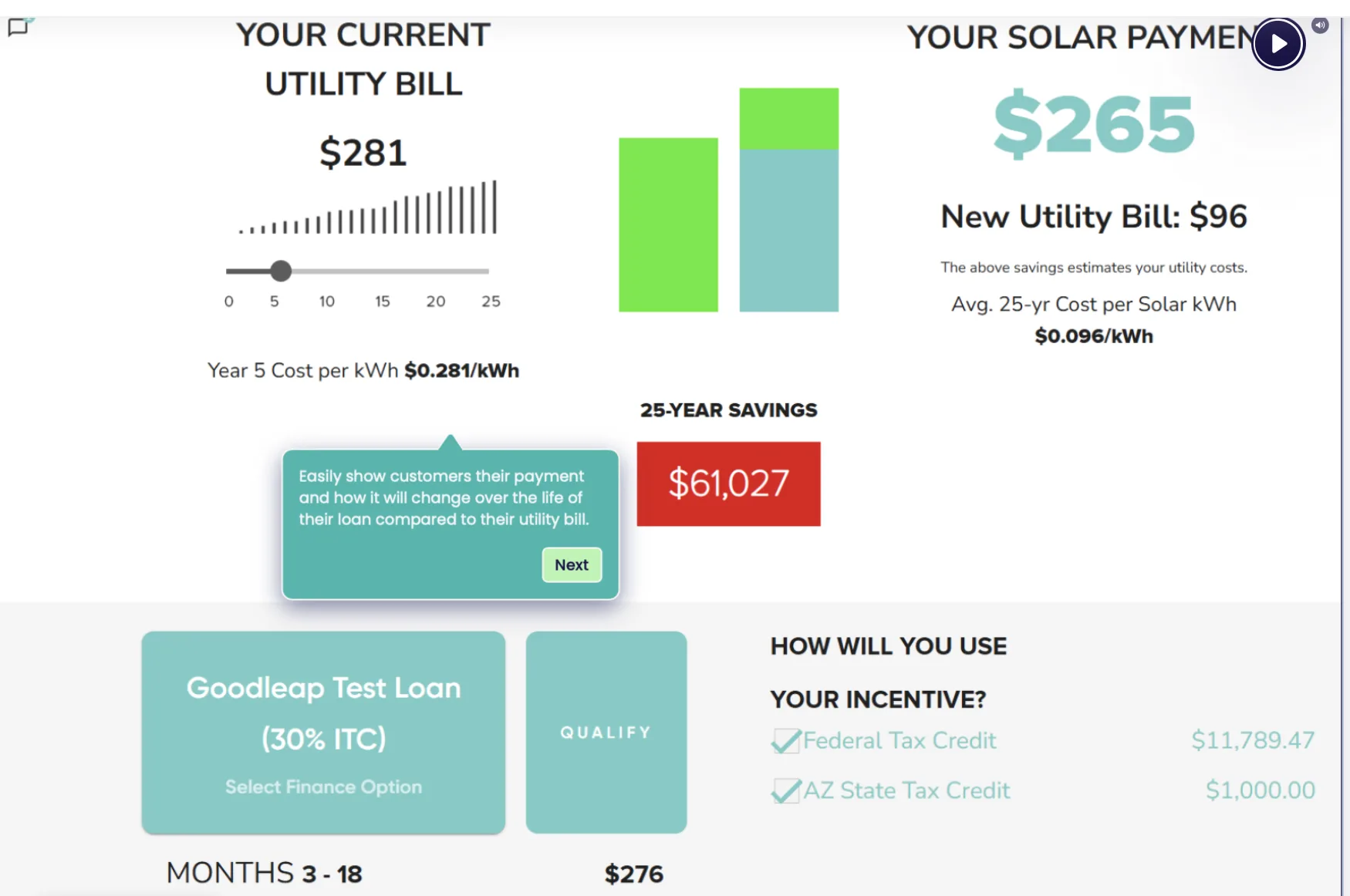 Solar Studio finance screen comparing a current utility bill, solar payment, and long-term savings.
